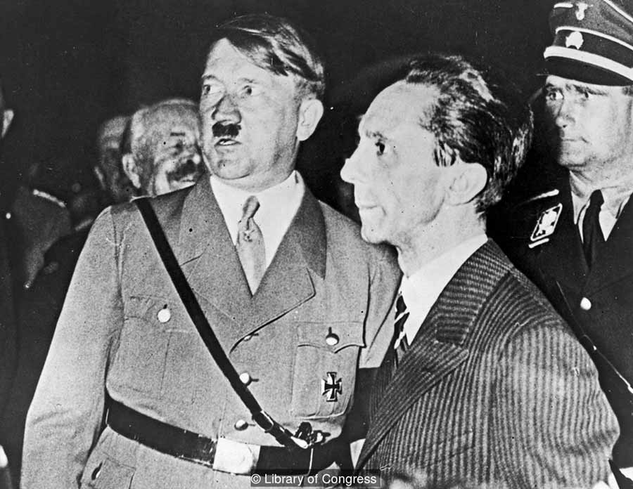 Critics such as Theodor Adorno claimed it was morally wrong to satirize the Nazis – who were themselves devoid of humor. In the picture: Adolf Hitler (left) and Joseph Goebbels (right) - (Credit: Library of Congress)